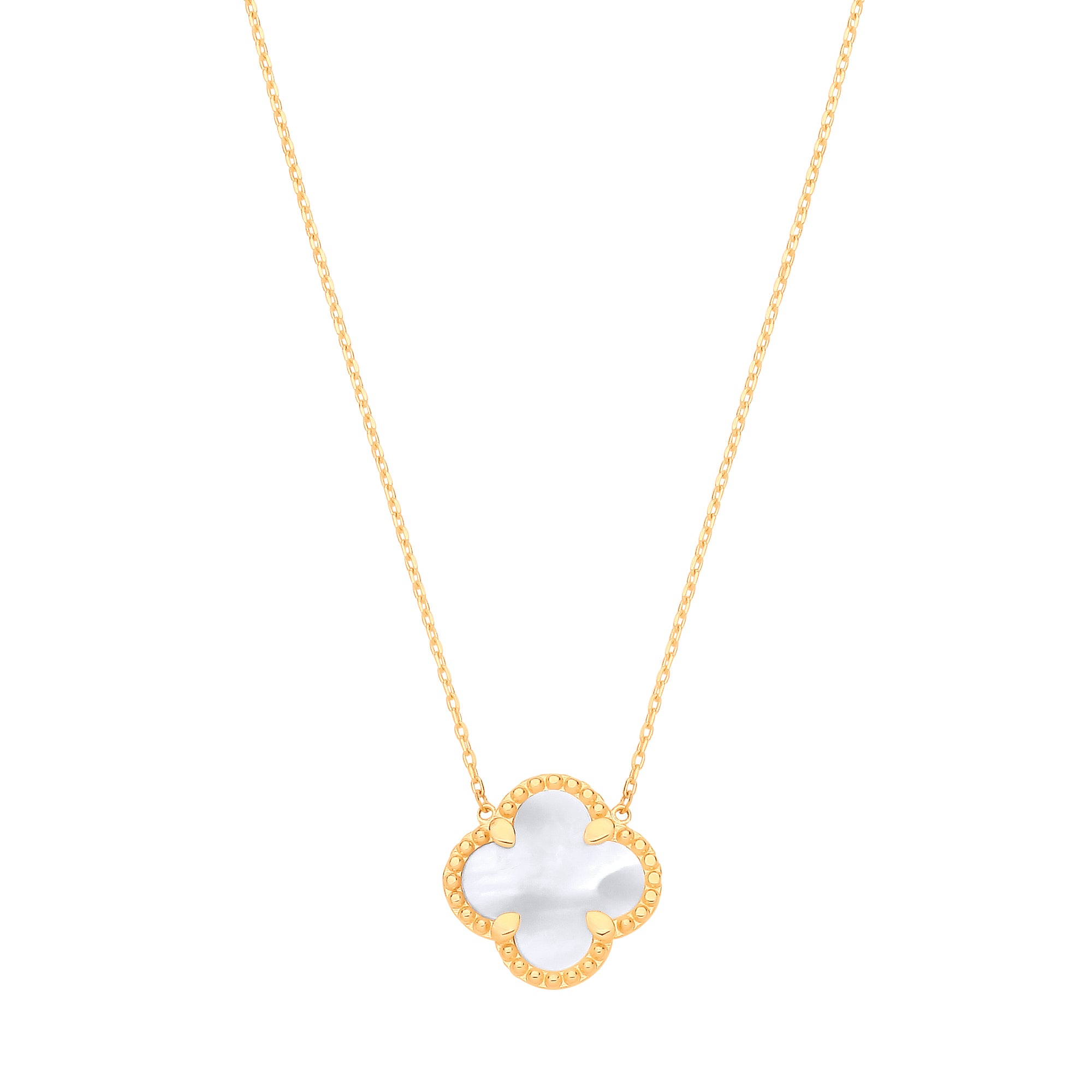 9ct Yellow Gold Mother of Pearl Four Leaf Clover Pendant Chain