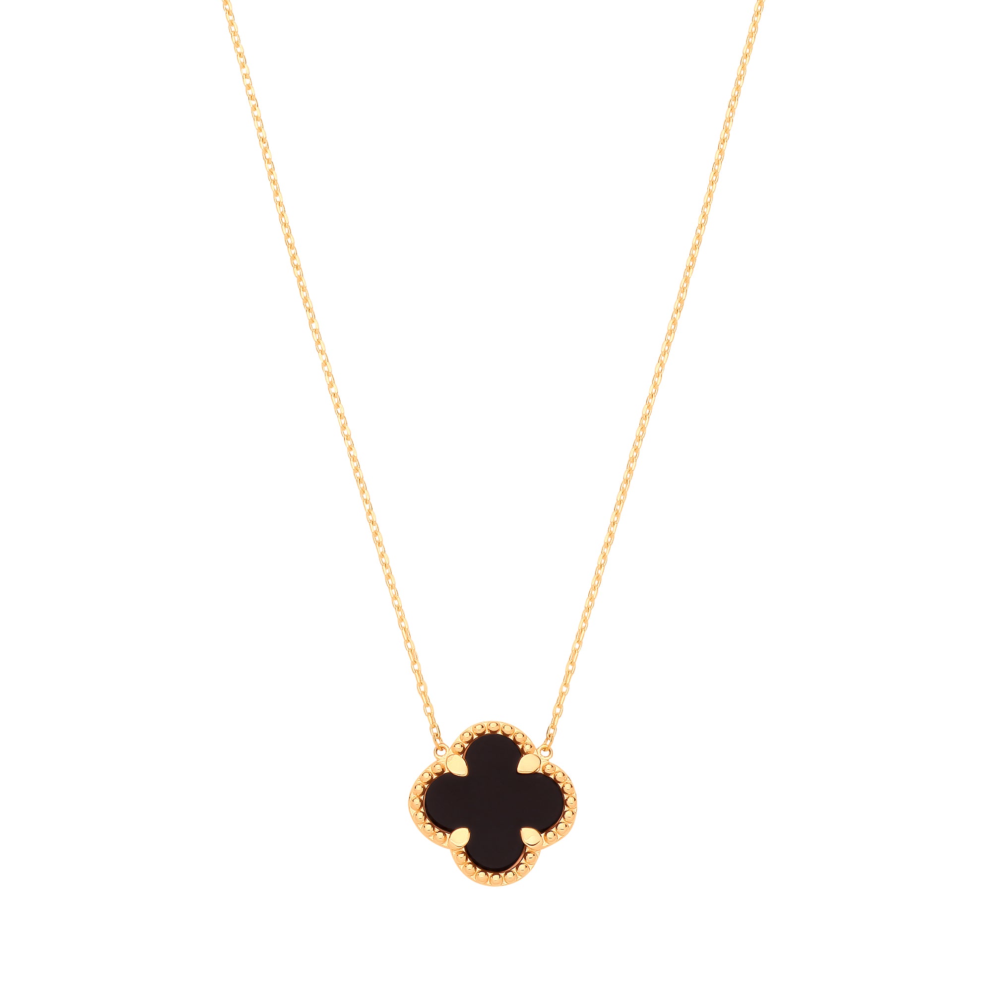 9ct Yellow Gold Black Onyx Four Leaf Clover Pendant Chain