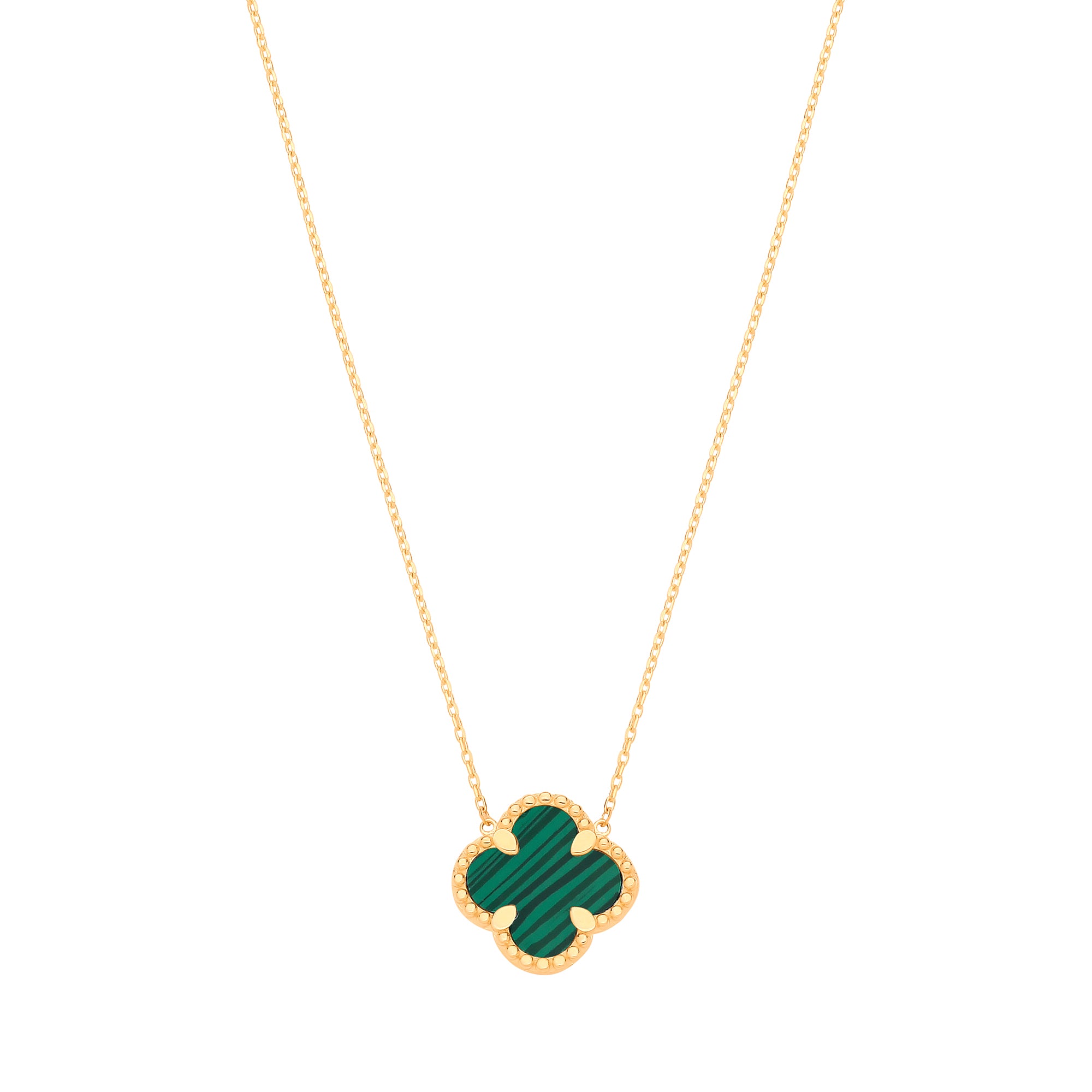 9ct Yellow Gold Green Malachite Four Leaf Clover Pendant Chain