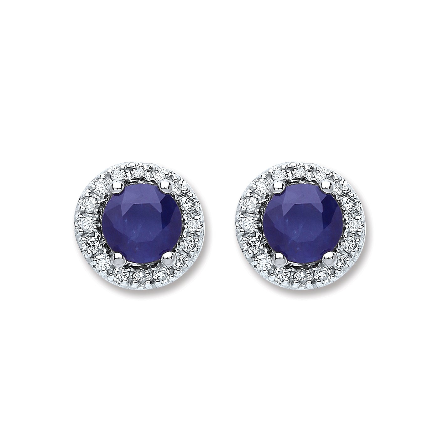 9ct White Gold 0.15ct Diamond 1.20ct 5mm Round Sapphire Stud Earrings