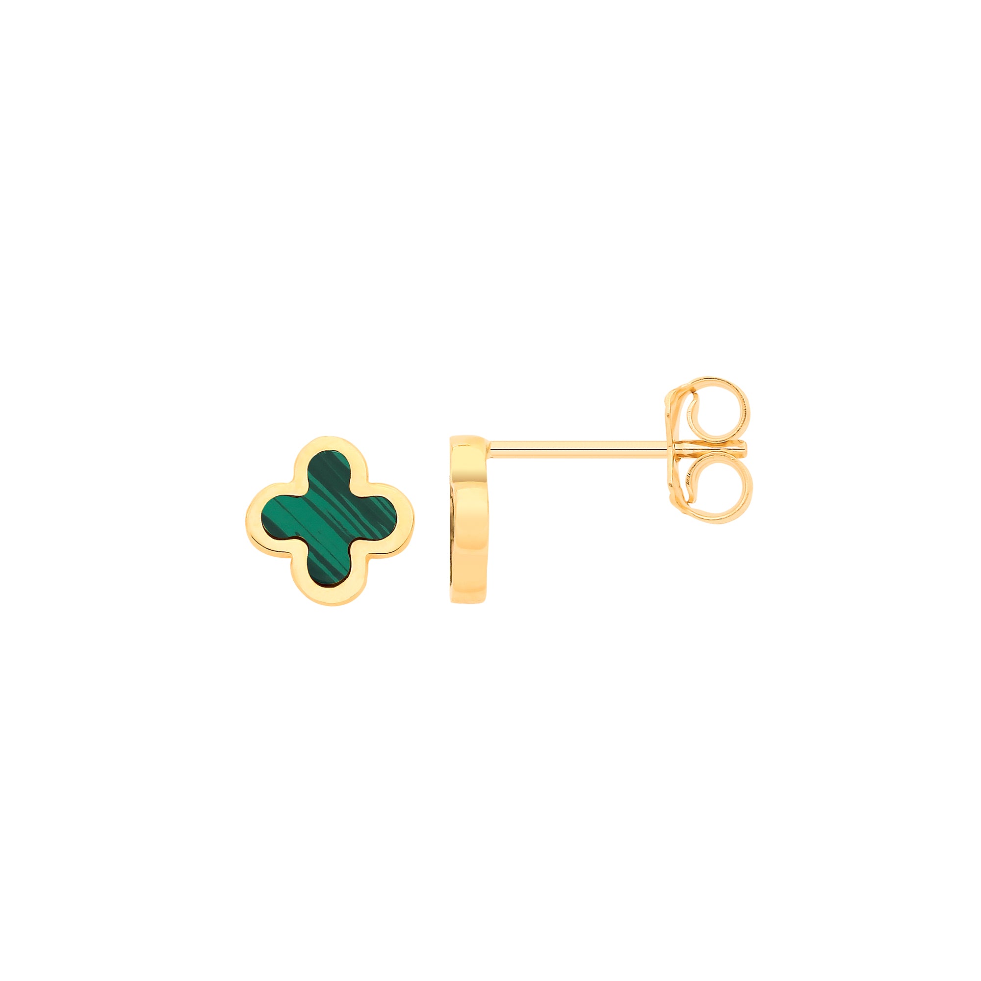 9ct Yellow Gold Green Malachite, Four Leaf Clover Studs