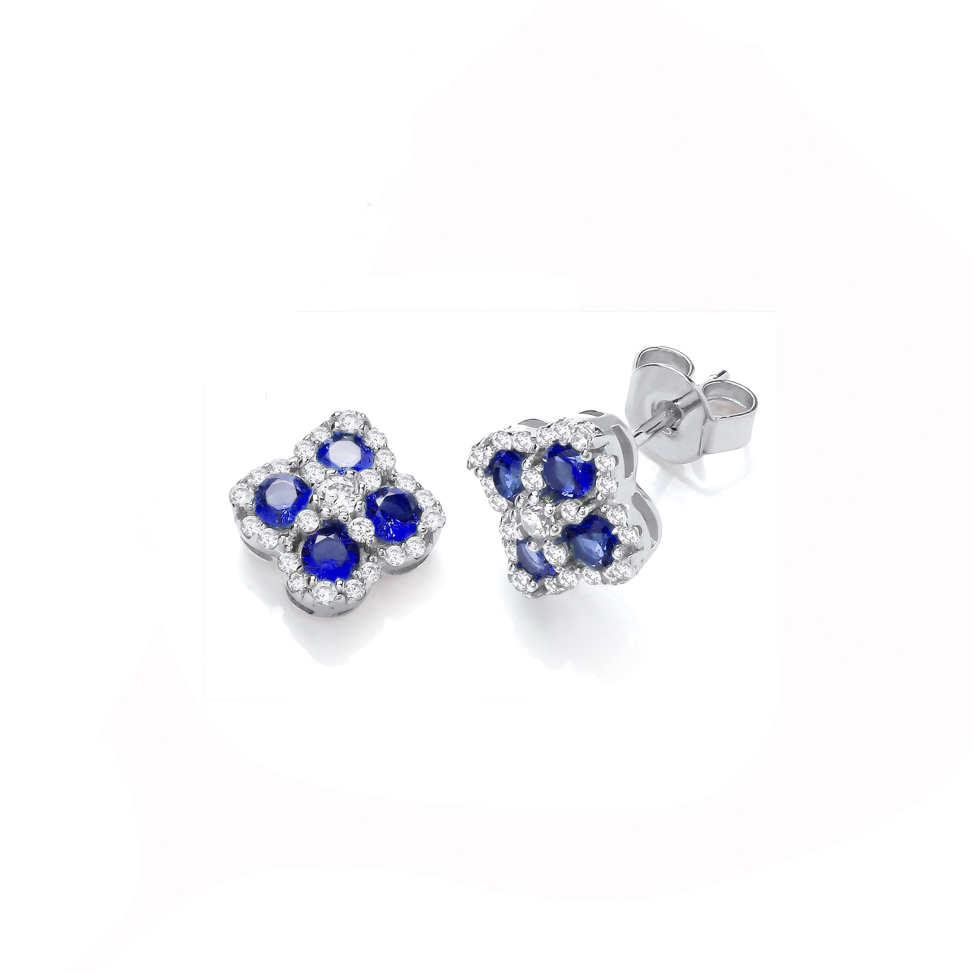 925 Sterling Silver Blue Four Leaf Clover Cubic Zirconia Stud Earrings - J-Jaz