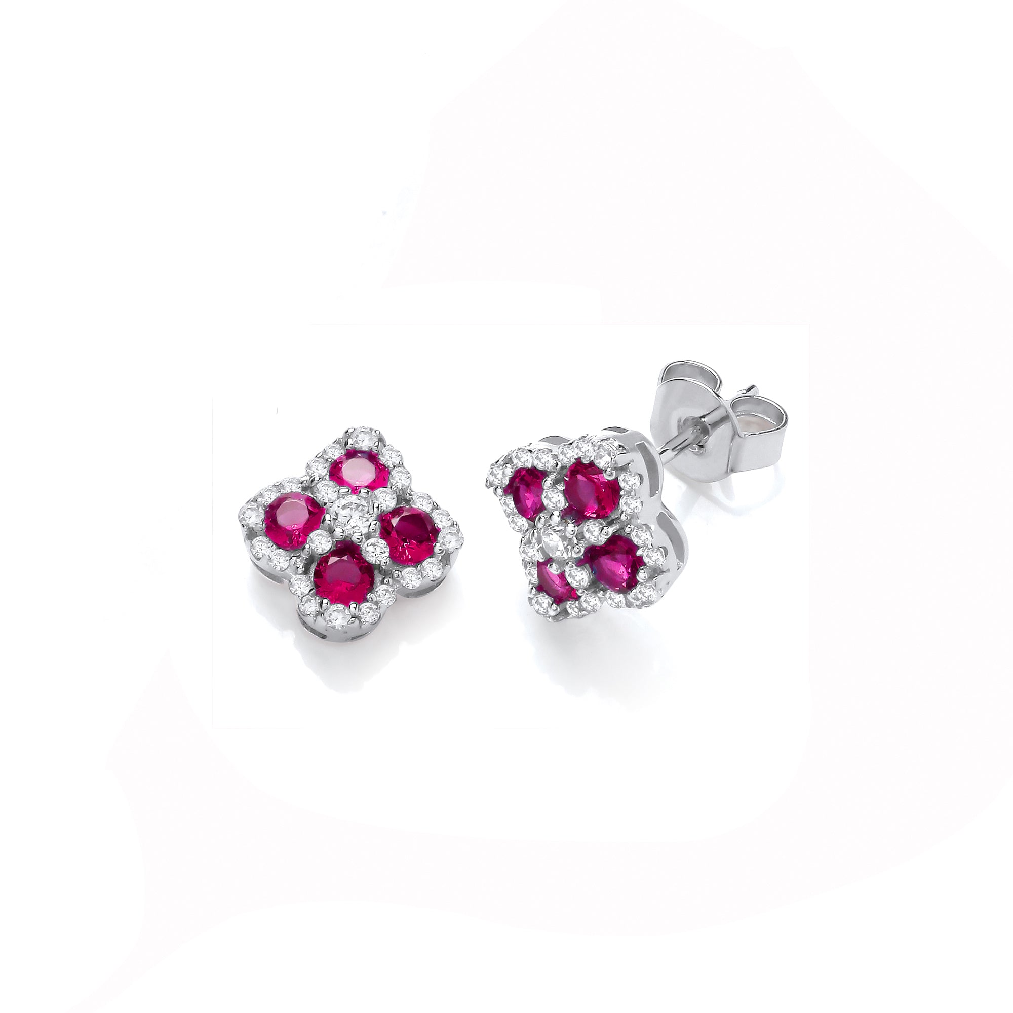 925 Sterling Silver Red Four Leaf Clover Cubic Zirconia Stud Earrings - J-Jaz