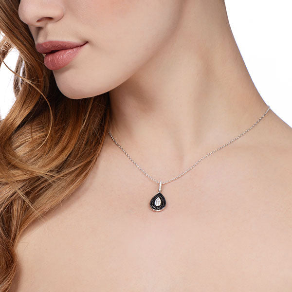 J-JAZ 925 Sterling Silver Micro Pave' Black & Clear Cz Teardrop Pendant with 18" Chain