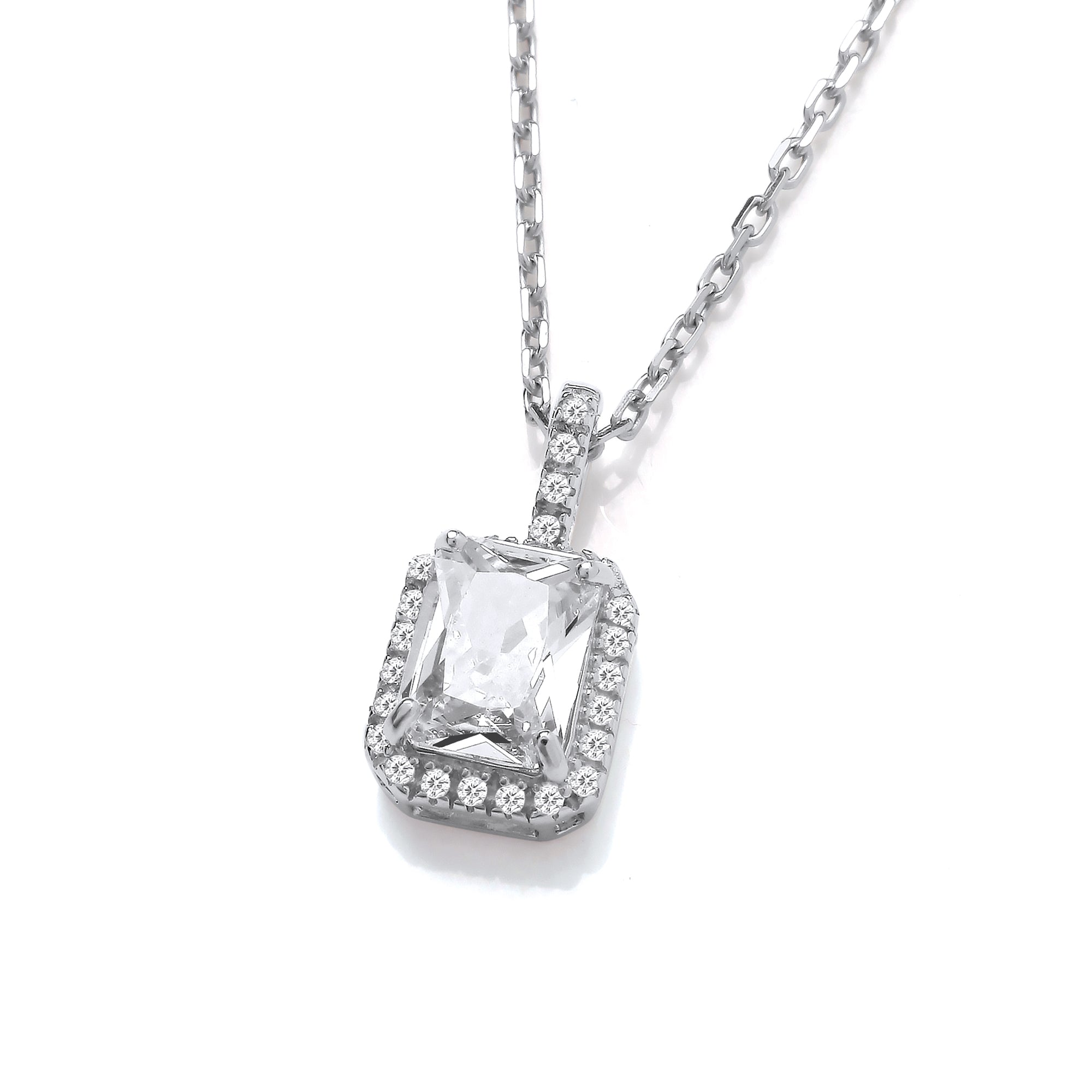 925 Sterling Silver Emerald Cut Cubic Zirconia Halo Pendant with Chain - J-Jaz