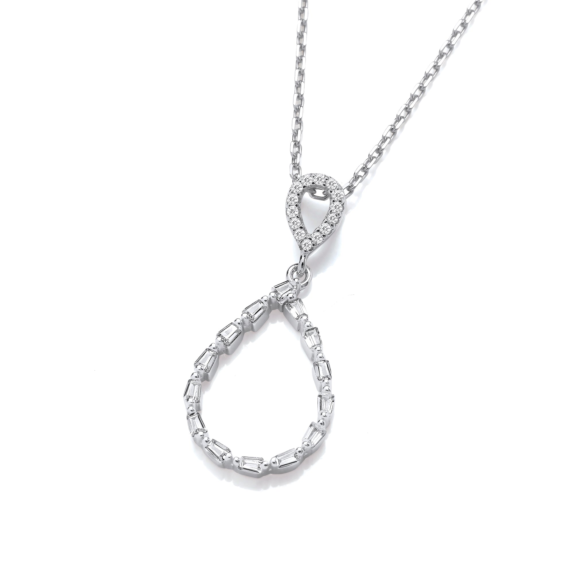 925 Sterling Silver Tear Drop Baguette Cubic Zirconia Silver Pendant with Chain J-Jaz