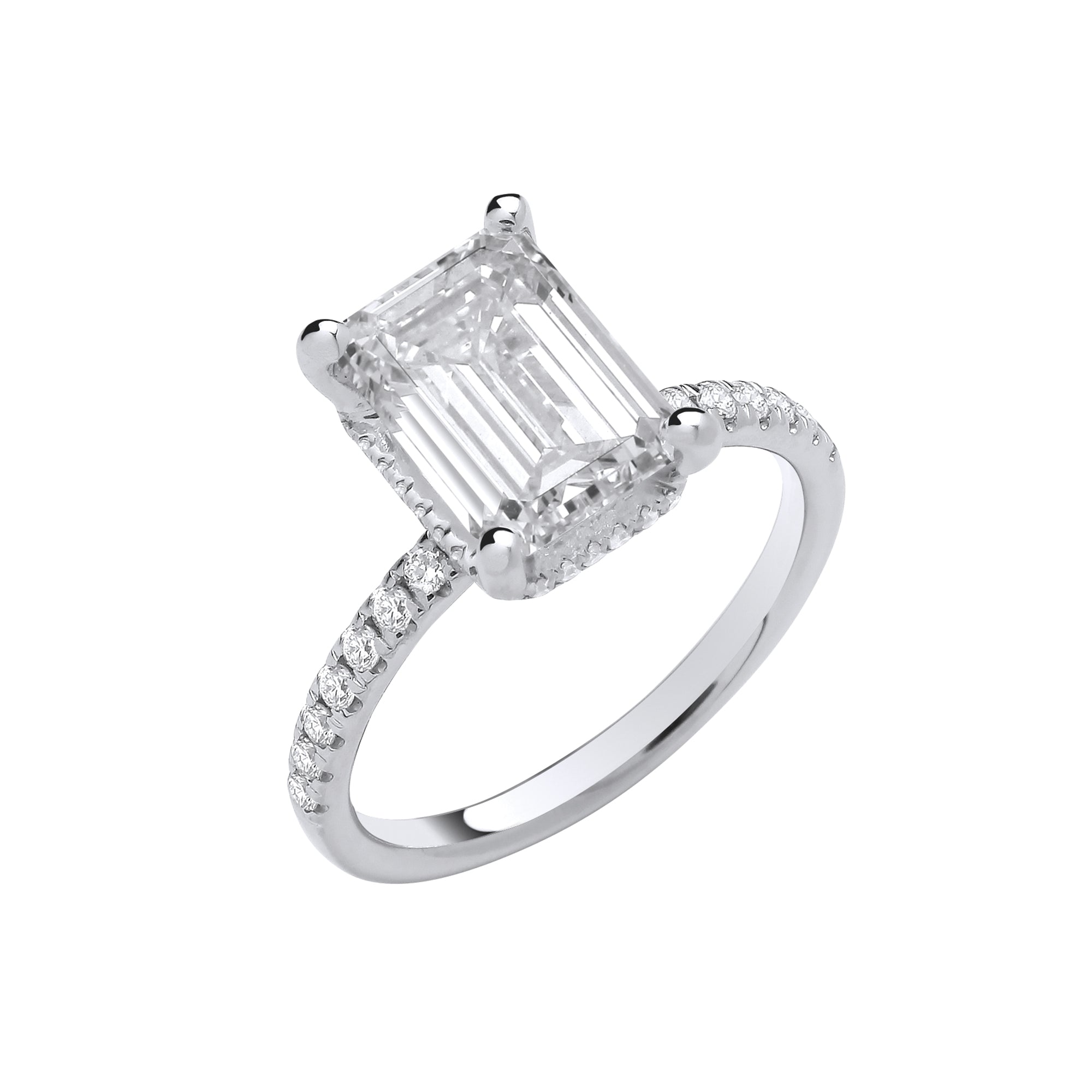 18ct White Gold 3.30ct Emerald Cut Lab Grown Hidden Halo Diamond Ring IGI Certified