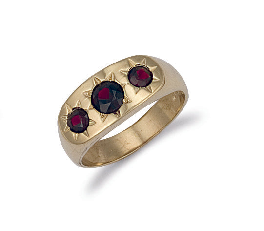 9ct Yellow Gold Gents 3 Stone Garnet Ring