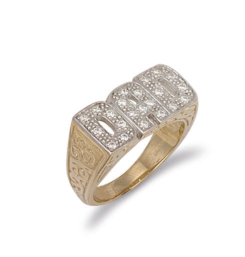 9ct Yellow Gold Cubic Zirconia Patterned Sides Dad Ring