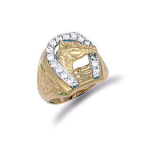 9ct Yellow Gold Horse Shoe & Head Cubic Zirconia Ring