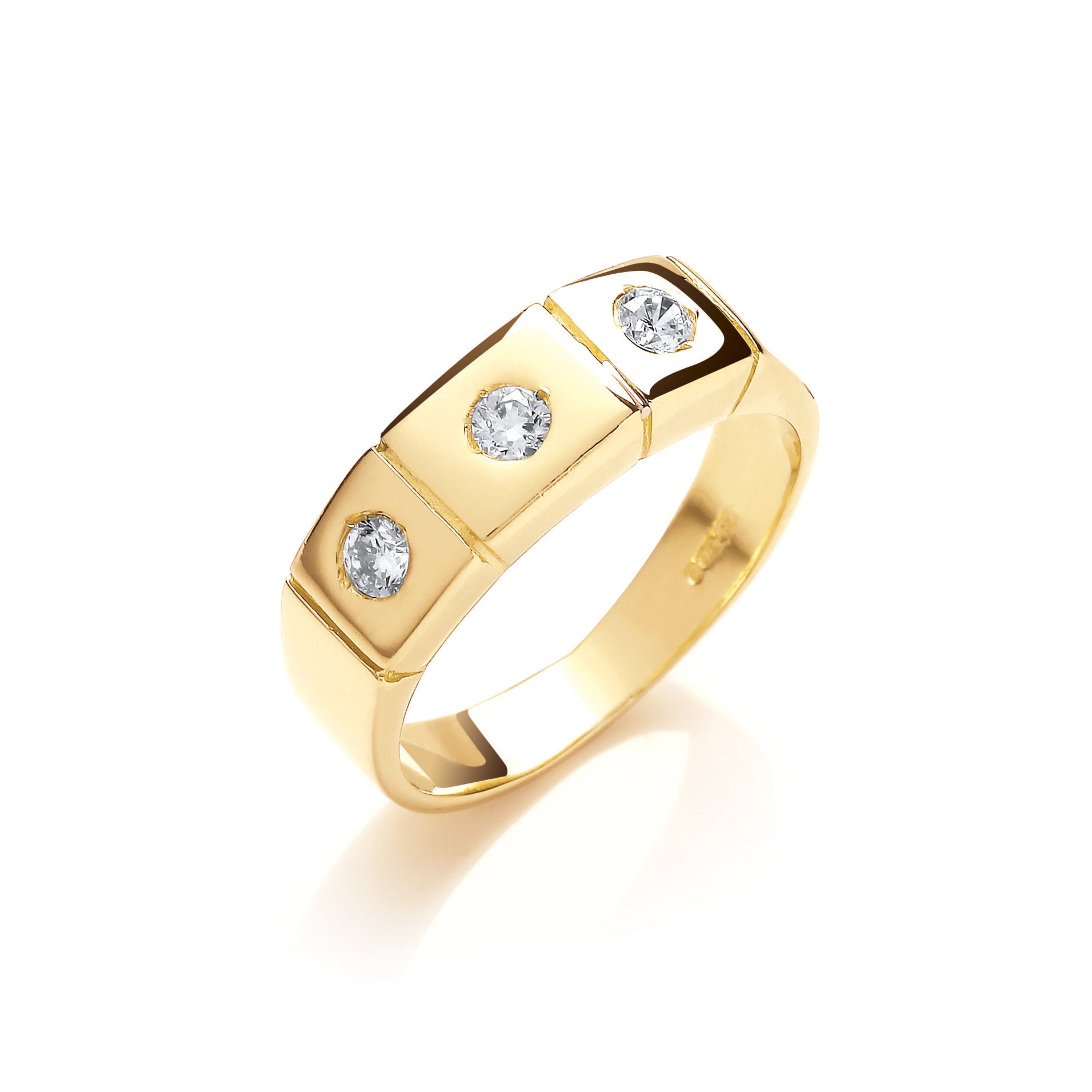 9ct Yellow Gold 3 Stone Rub Over Setting Cubic Zirconia Ring