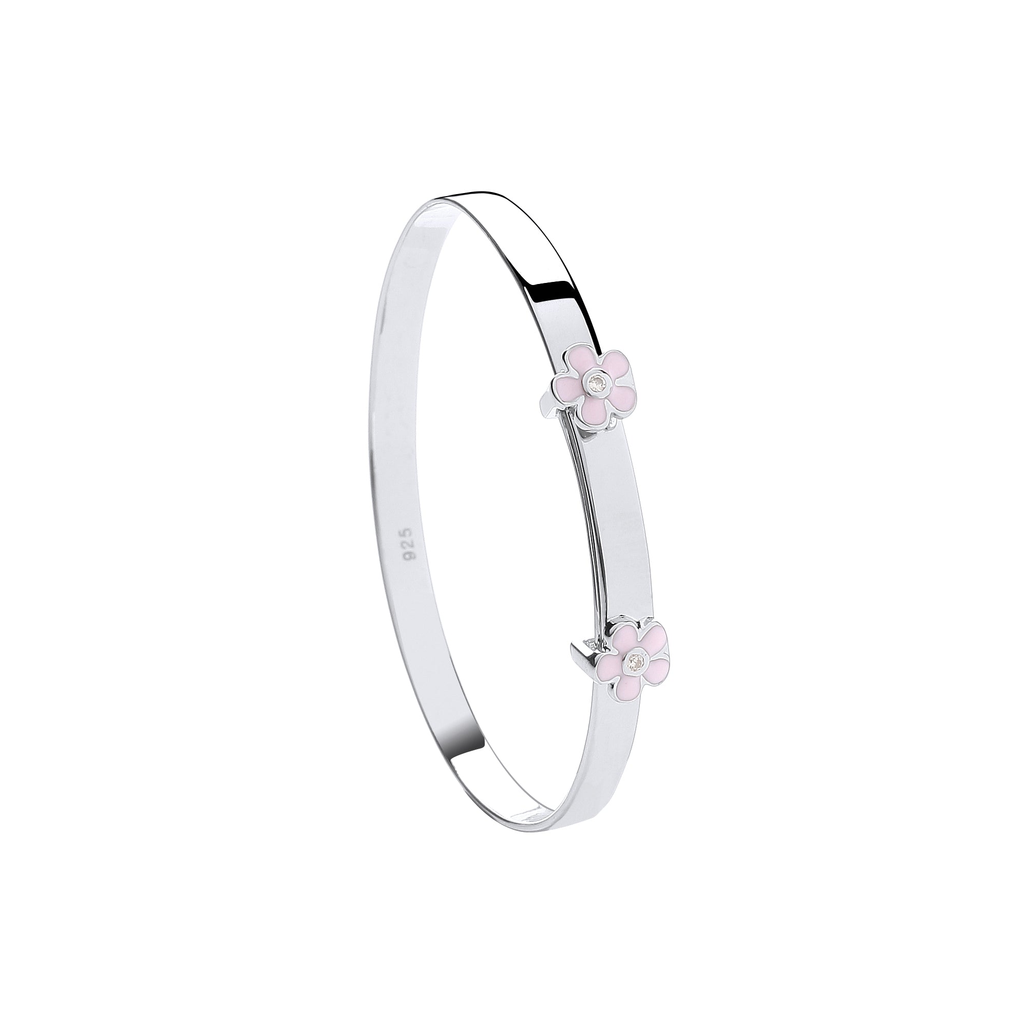 925 Sterling Silver Pink Enamel & CZ Flowers Expandable Child's Bangle