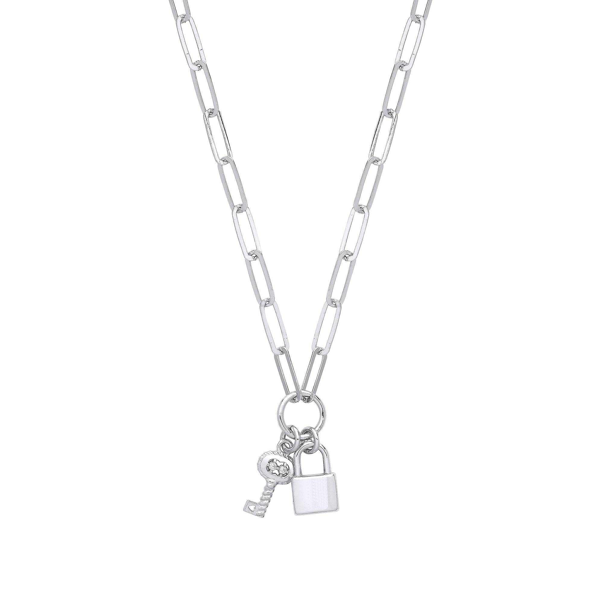 925 Sterling Silver Paperclip Chain , Padlock & Cubic Zirconia Key Necklace