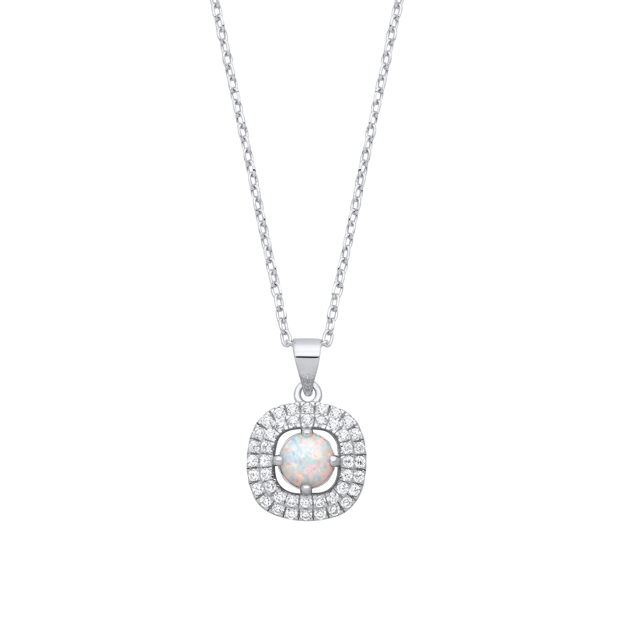 925 Sterling Silver White Opal Cubic Zirconia Double Halo Pendant with Chain