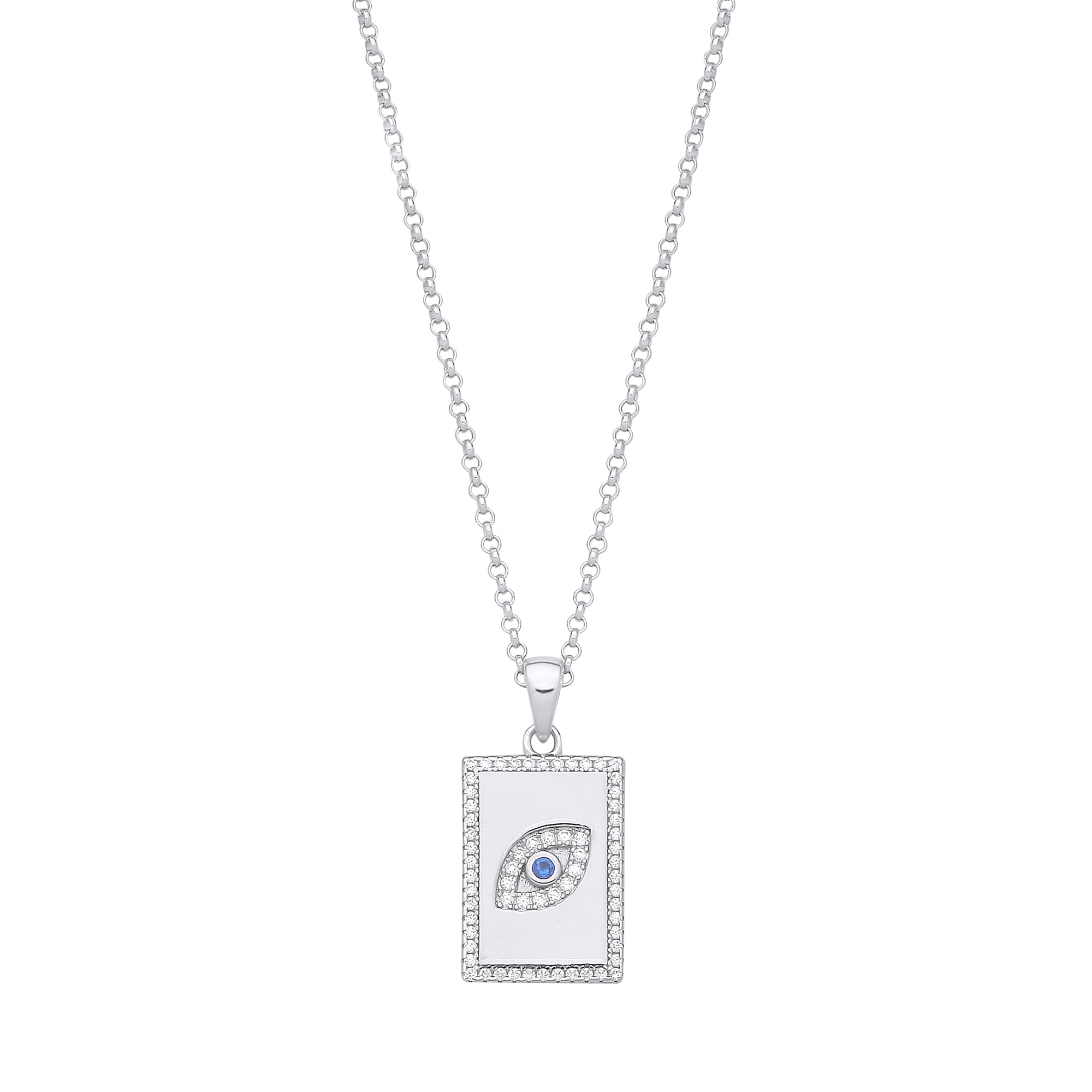 925 Sterling Silver Dog Tag Cubic Zirconia Evil Eye Pendant on Chain