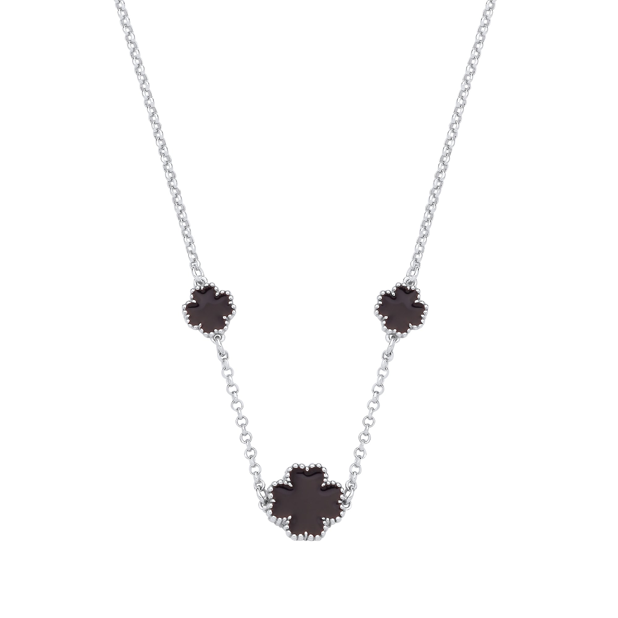 925 Sterling Silver Black Enamel Four Leaf Clover Necklace