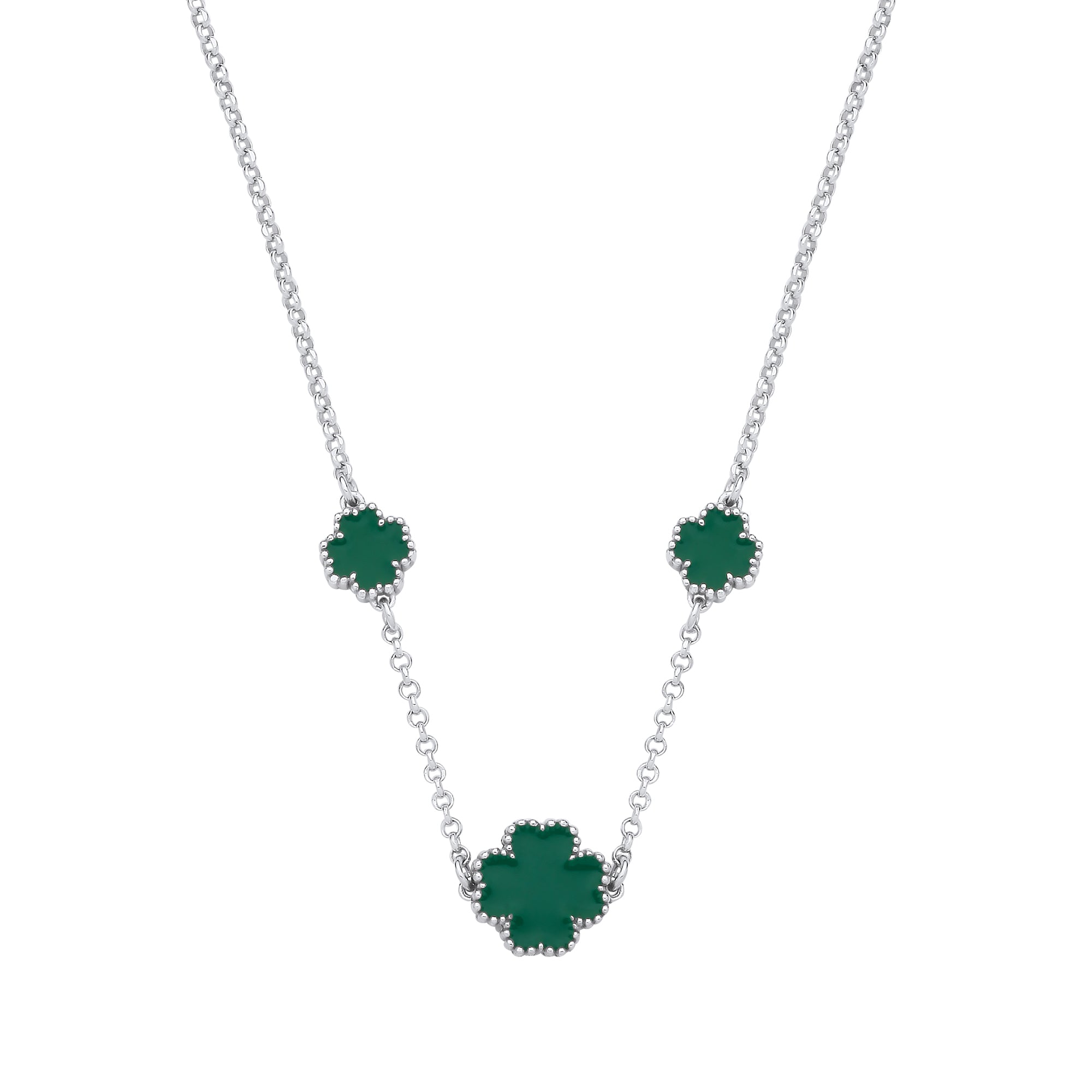 925 Sterling Silver Green Enamel Four Leaf Clover Necklace