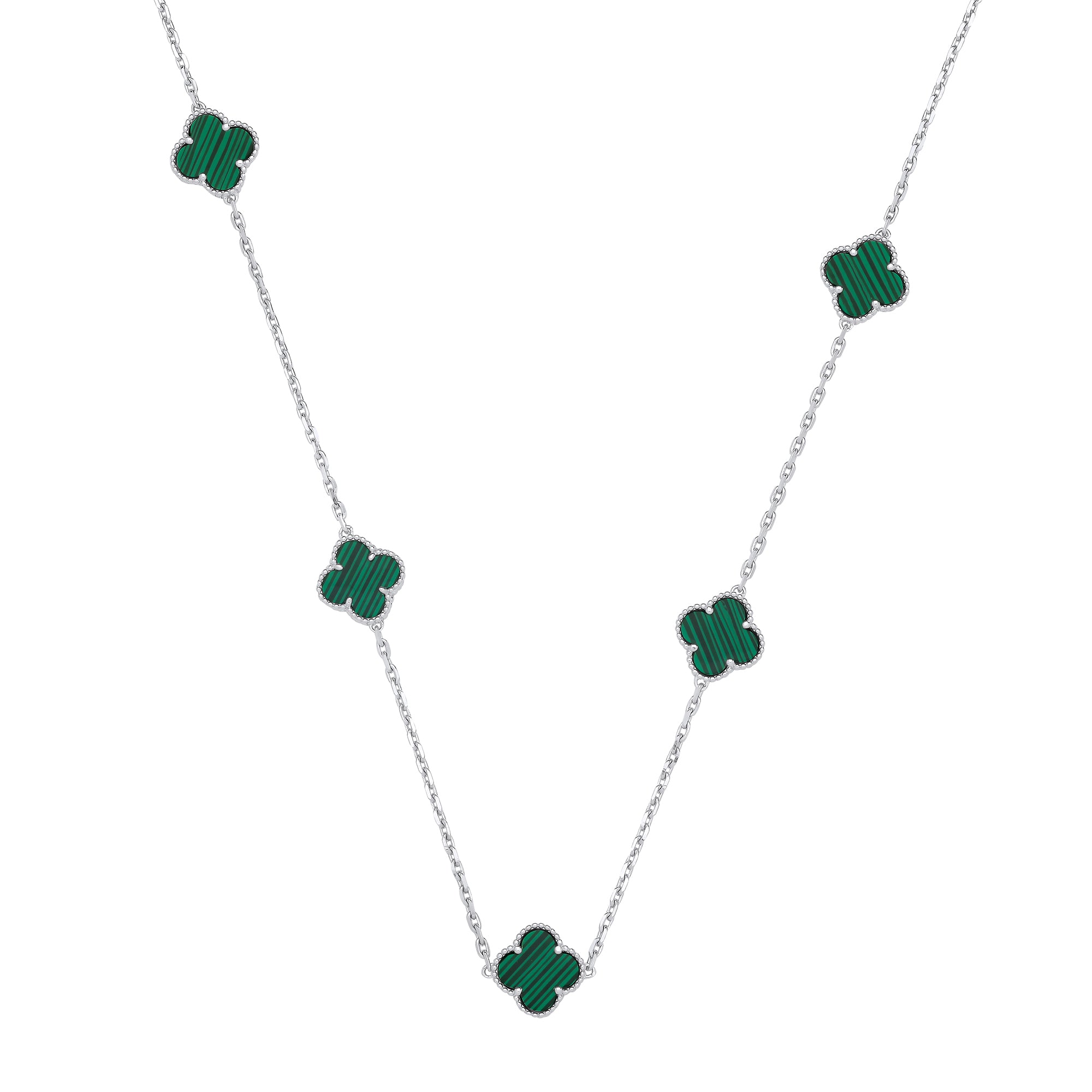 925 Sterling Silver Green Four Leaf Clover 17" Necklace