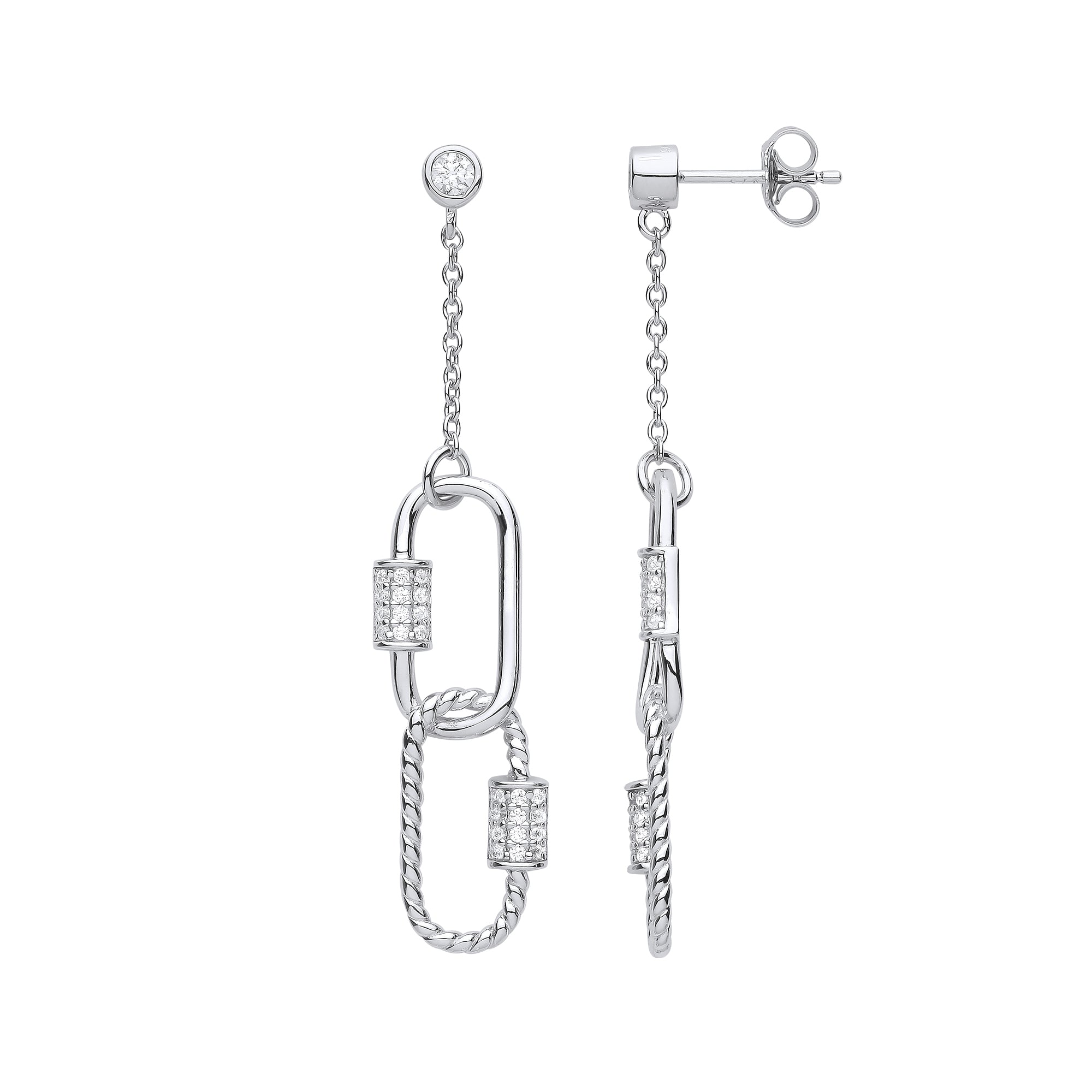 925 Sterling Silver Paper Clip CZ Drop Earrings