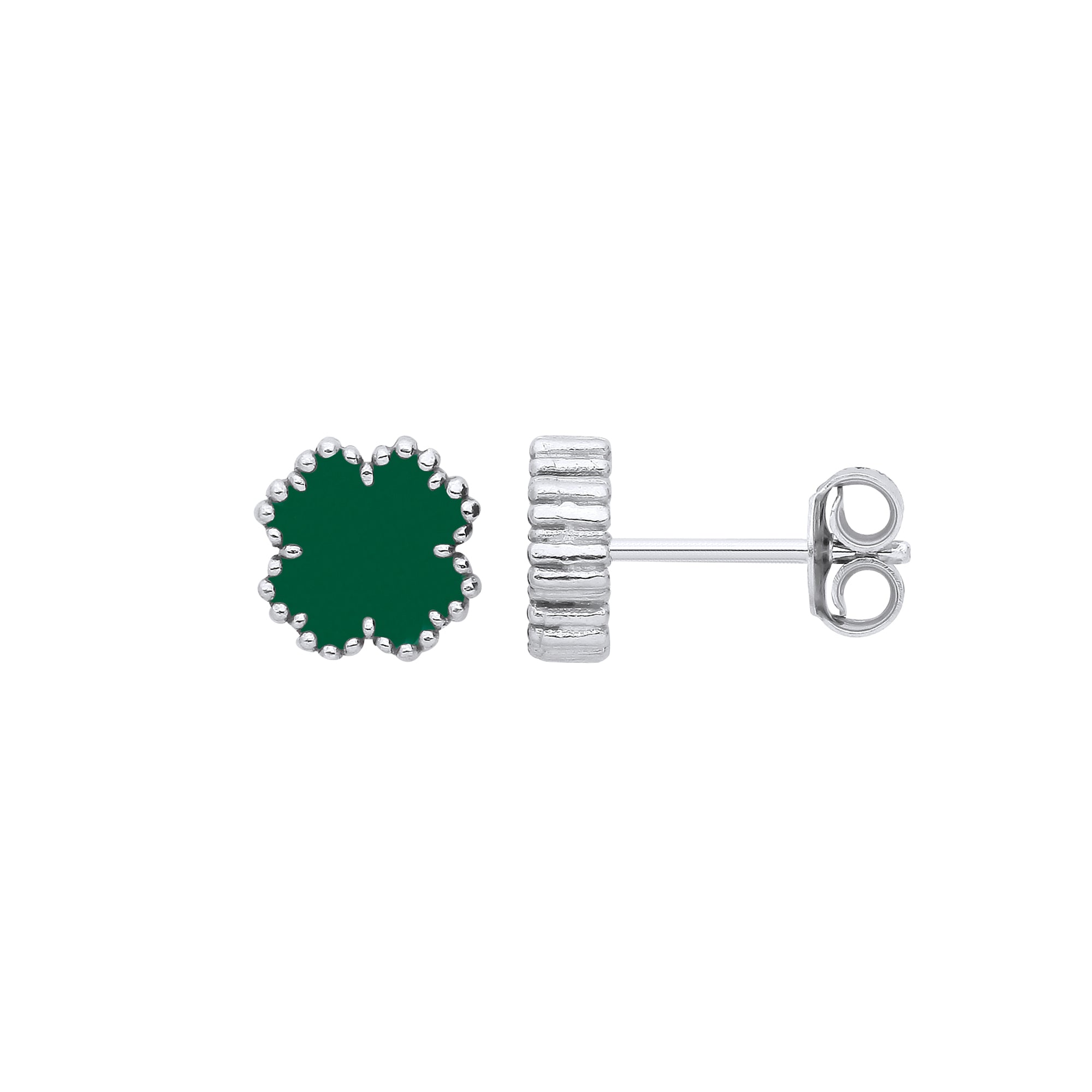 925 Sterling Silver Green Enamel Four Leaf Clover Studs