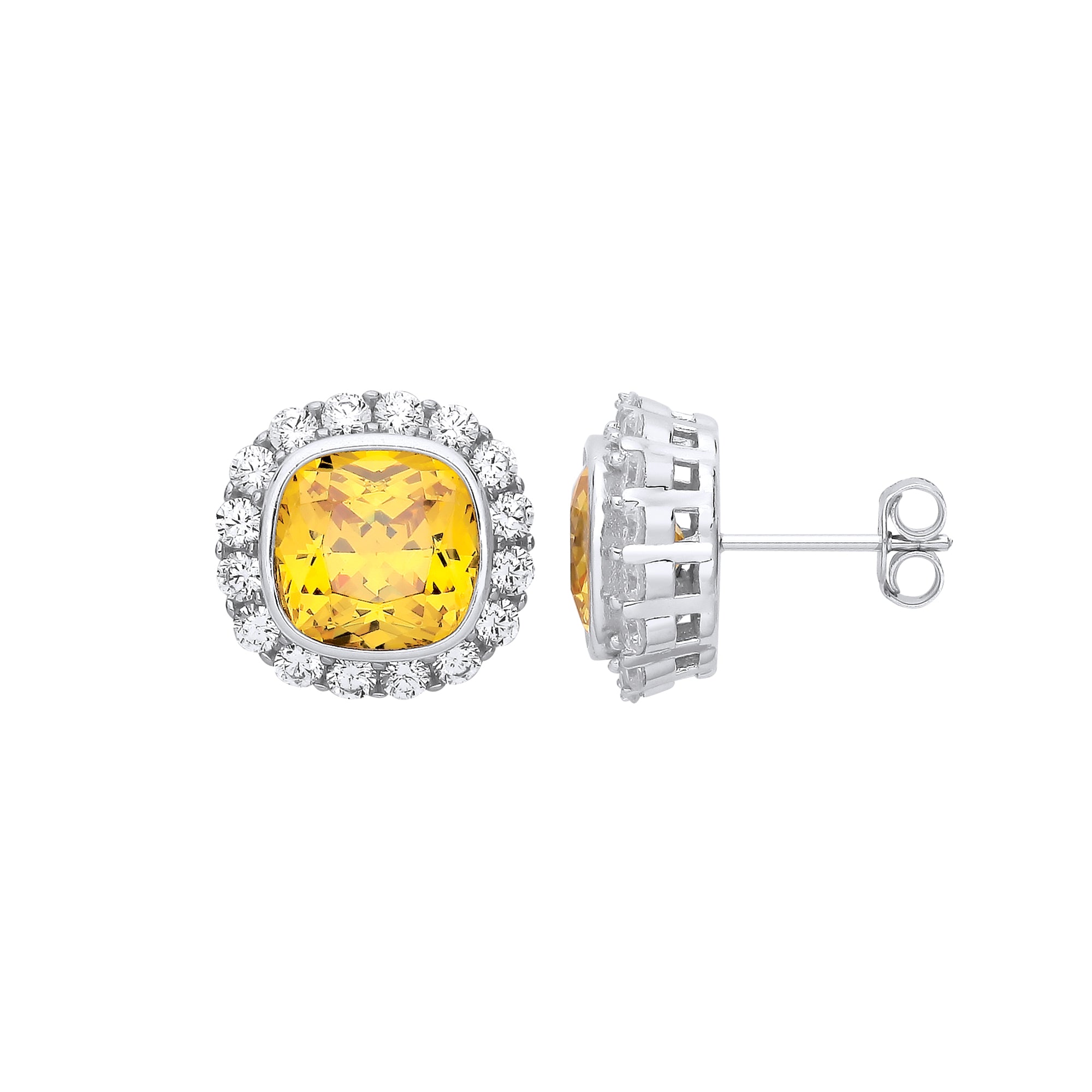 925 Sterling Silver Yellow Cubic Zirconia Halo Stud Earrings