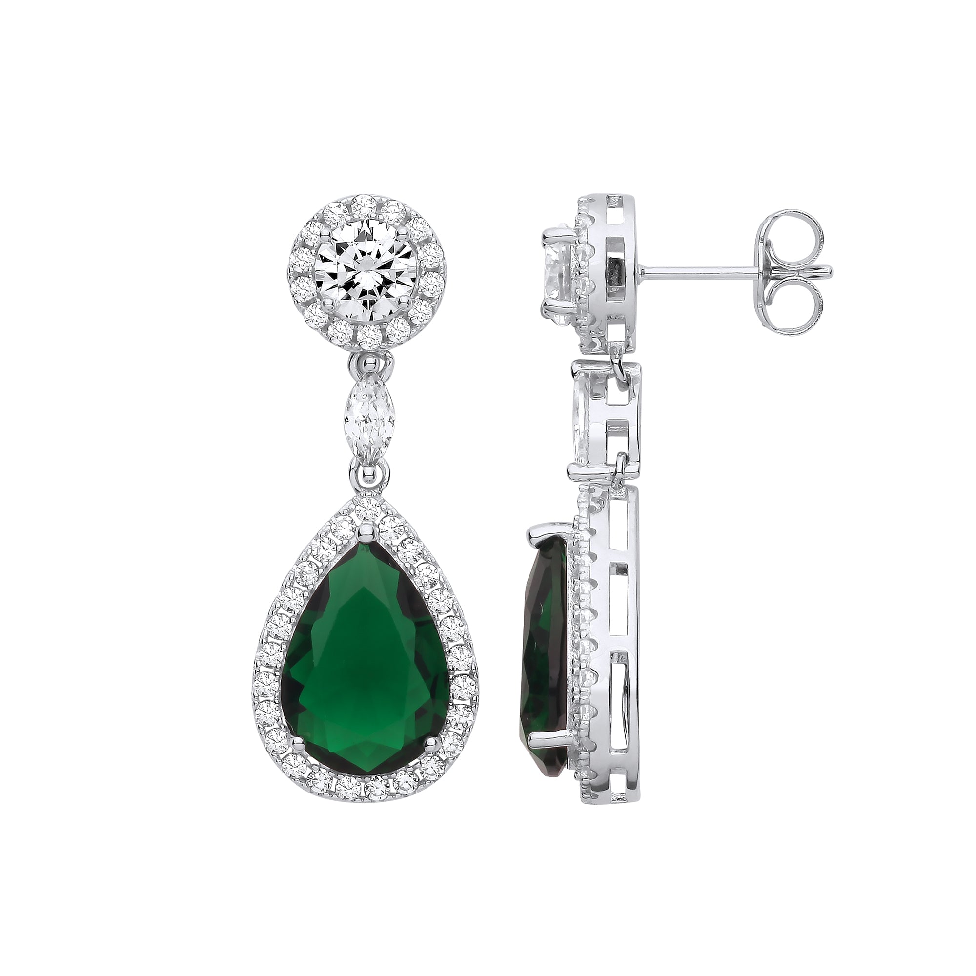 925 Sterling Silver Green Cubic Zirconia Pear Drop Earrings