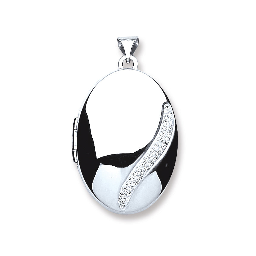 925 Sterling Silver Oval with Crystals Locket with Chain