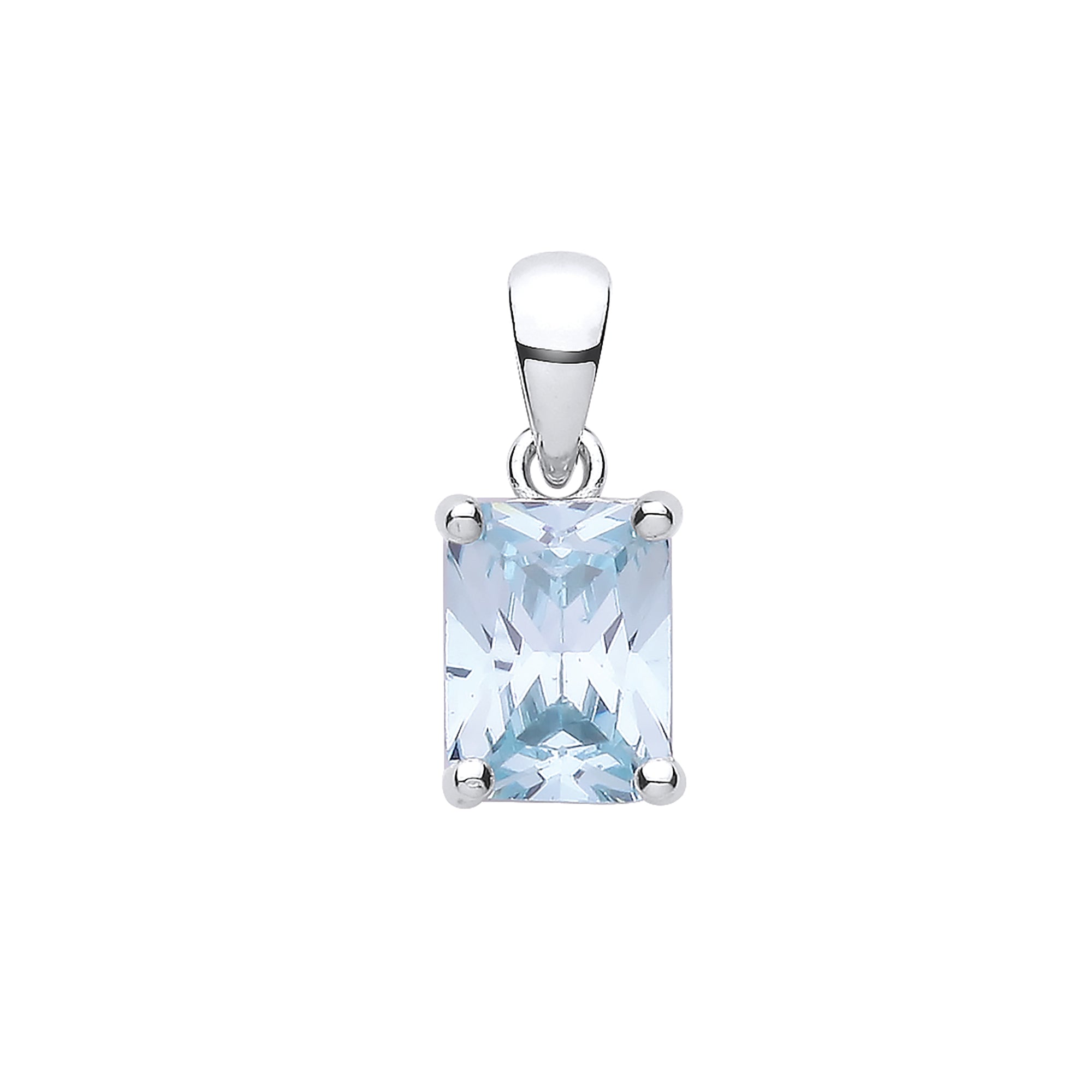 925 Sterling Silver Aqua Cz Emerald Cut Pendant with Chain