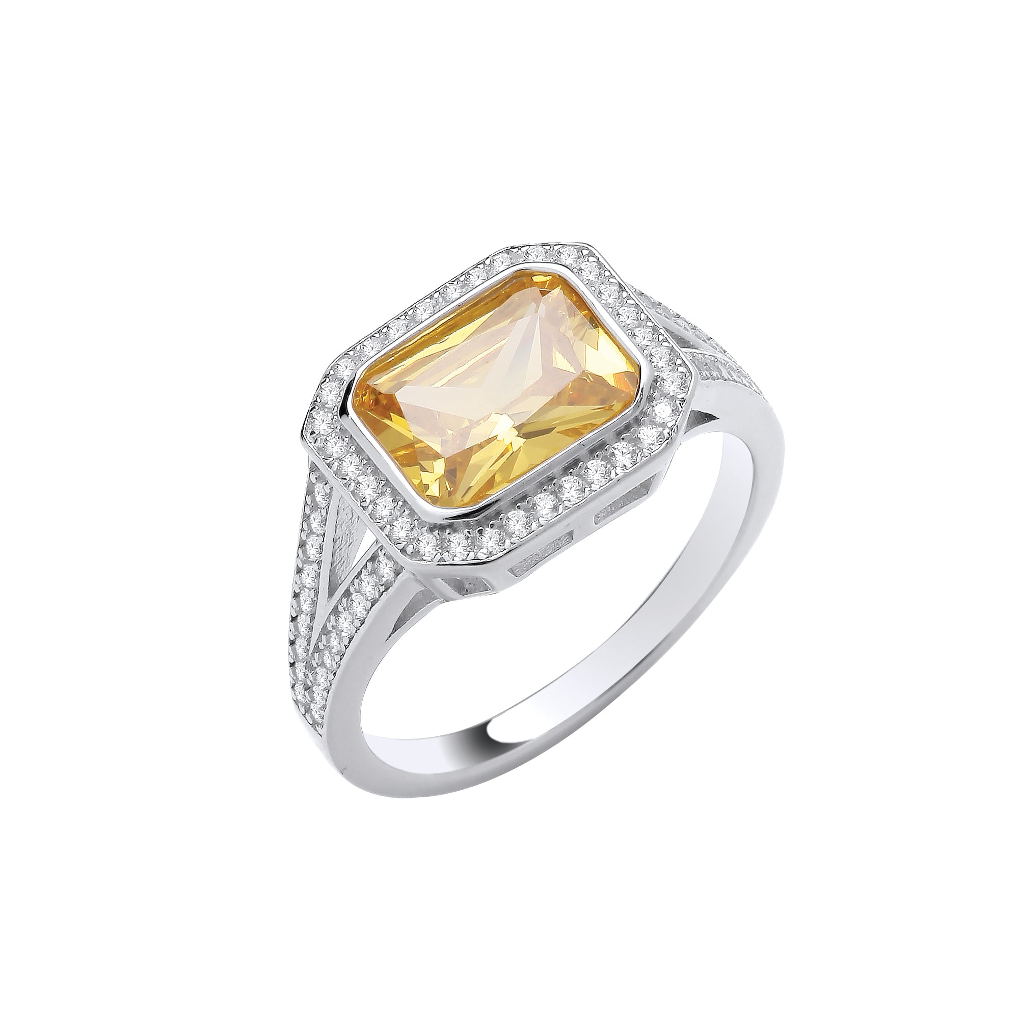 925 Sterling Silver Rub-Over Yellow Split Shank Cubic Zirconia Ring