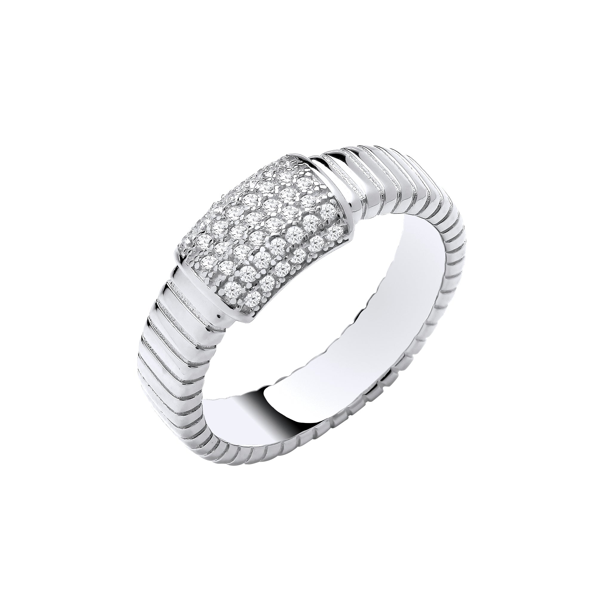 925 Sterling Silver Ribbed Link with Cubic Zirconia ID Plate Ring