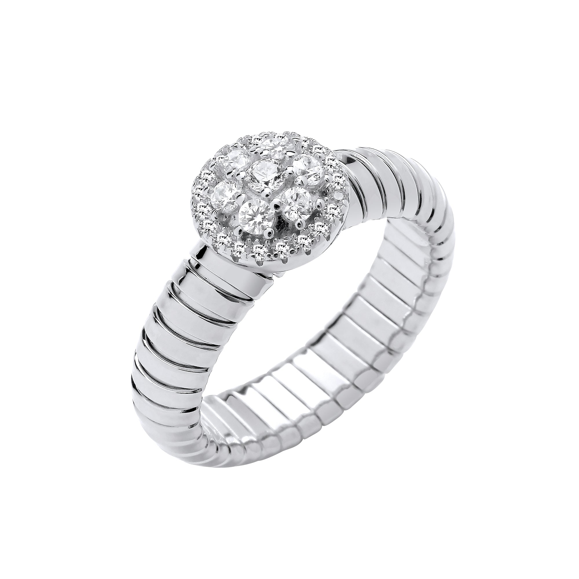 925 Sterling Silver Ribbed Link Cubic Zirconia Cluster Ring