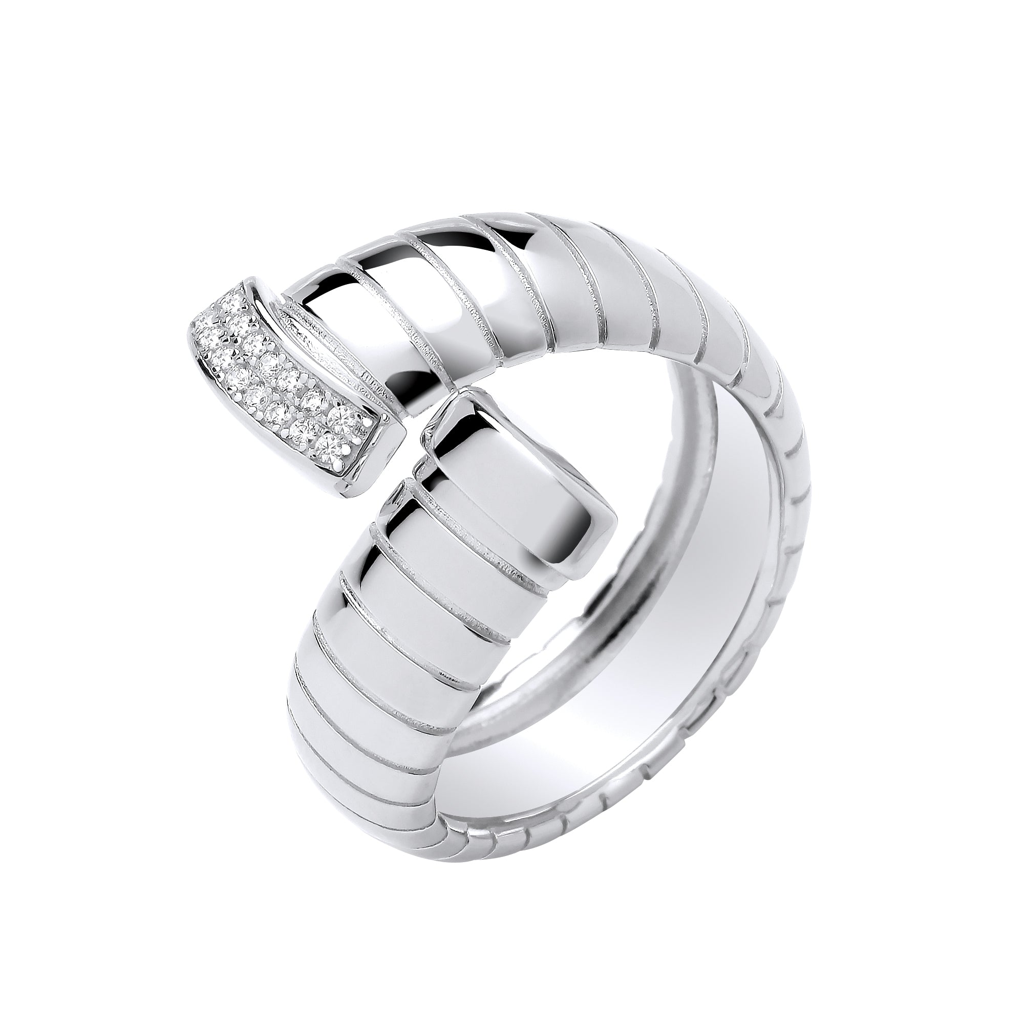 925 Sterling Silver Ribbed Cross-Over Cubic Zirconia Ring