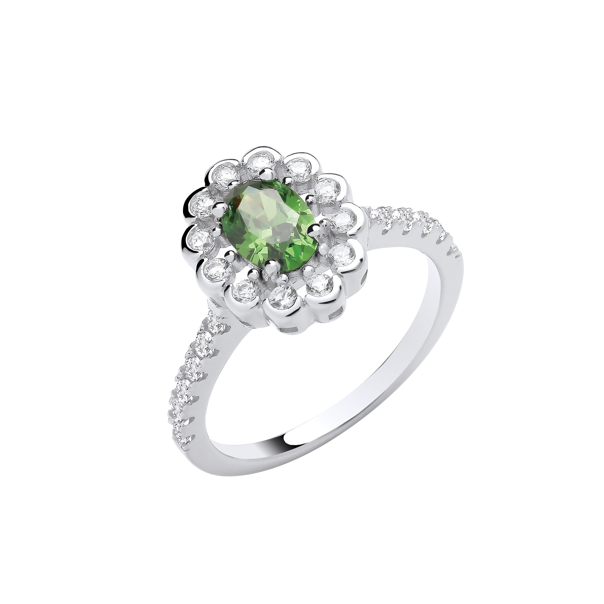 925 Sterling Silver Green Oval Cubic Zirconia Halo Ring