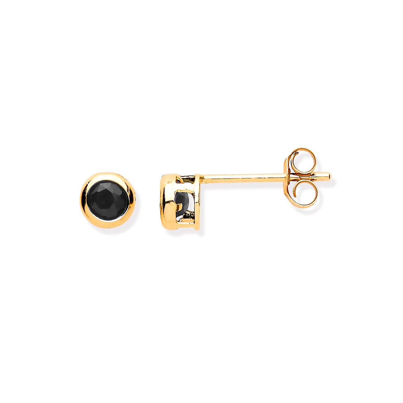 9ct Yellow Gold 3.8mm Black Sapphire Rubover Stud Earrings