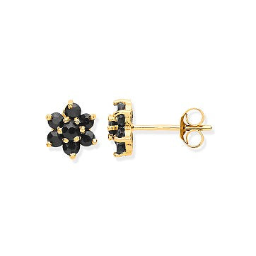 9ct Yellow Gold Black Sapphire Flower Stud Earrings