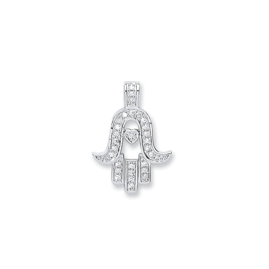 925 Sterling Silver Cubic Zirconia Hamsa Pendant with Chain