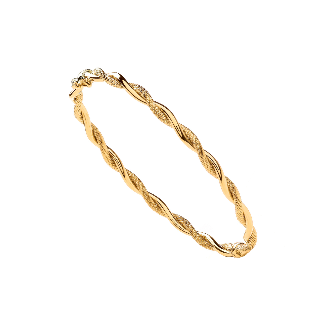 9ct Yellow Gold Plain & Diamond Cut Twist Ladies Bangle