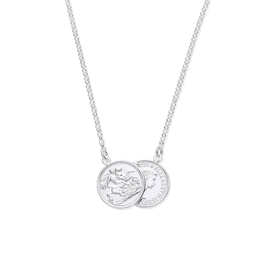 925 Sterling Silver Double Coin Pendant 17" Necklace