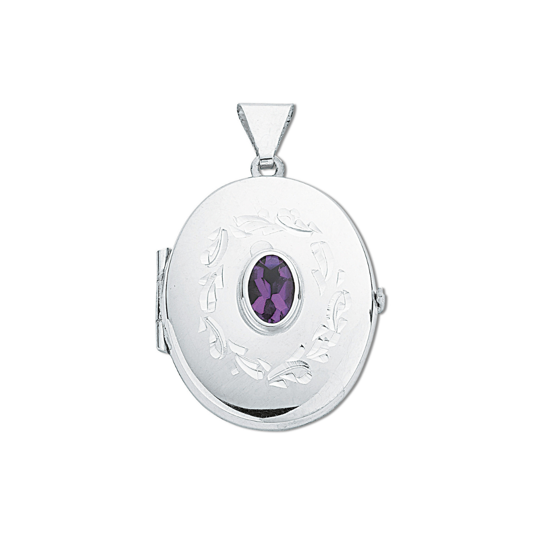 925 Sterling Silver Oval Shaped Amethyst Set Locket with Chain