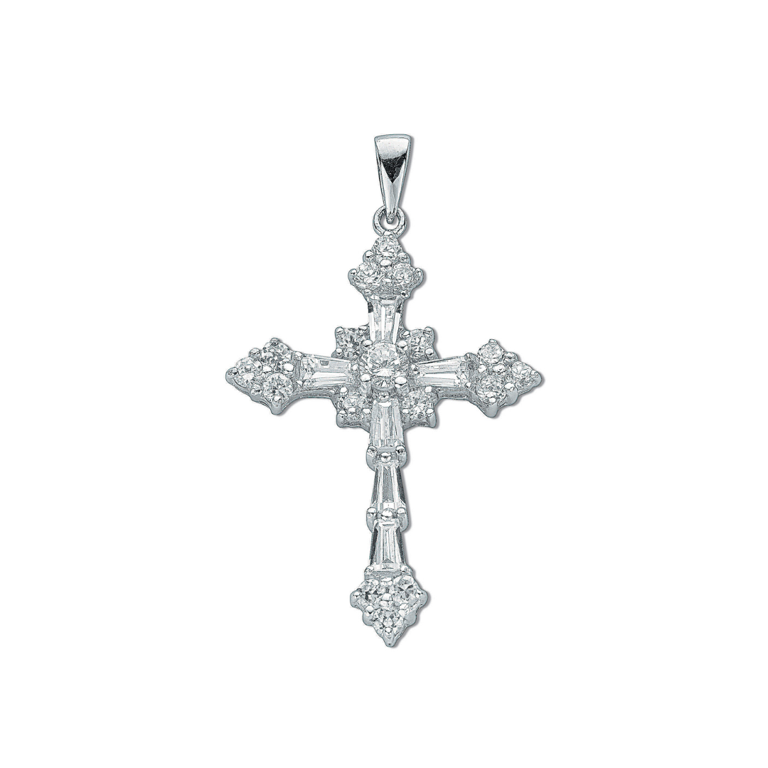 925 Sterling Silver Fancy Baguette Cut Cz Cross with Chain