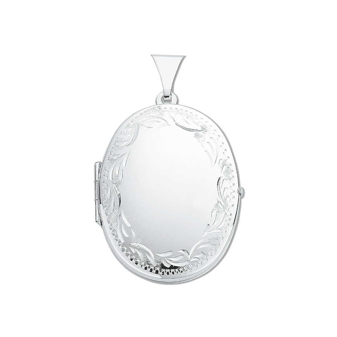 925 Sterling Silver Medium Engraved Oval Shaped Locket with Chain