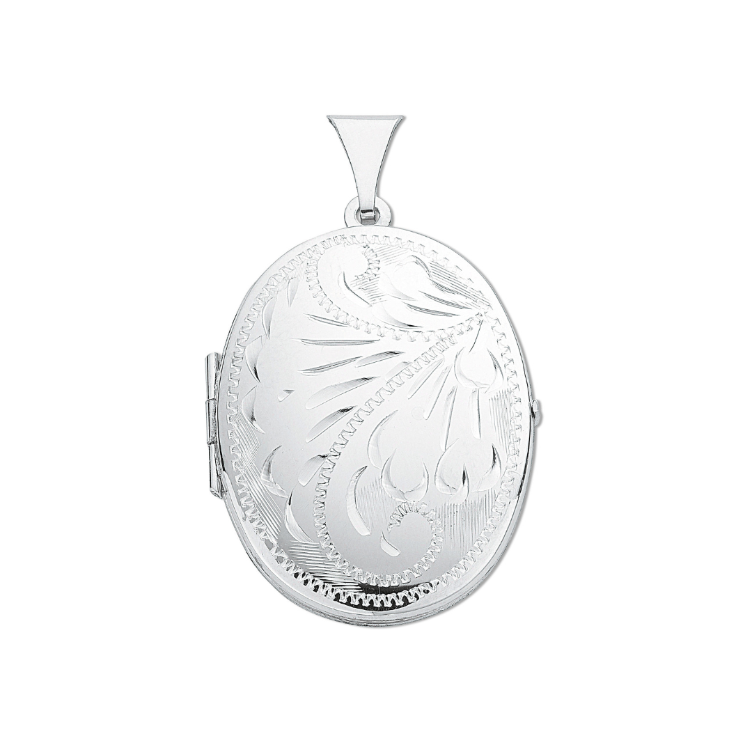 925 Sterling Silver Medium Engraved Oval Shaped Locket with Chain