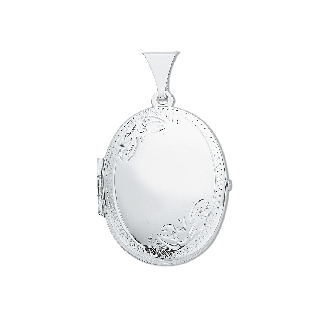 925 Sterling Silver Medium Engraved Oval Shaped Locket with Chain