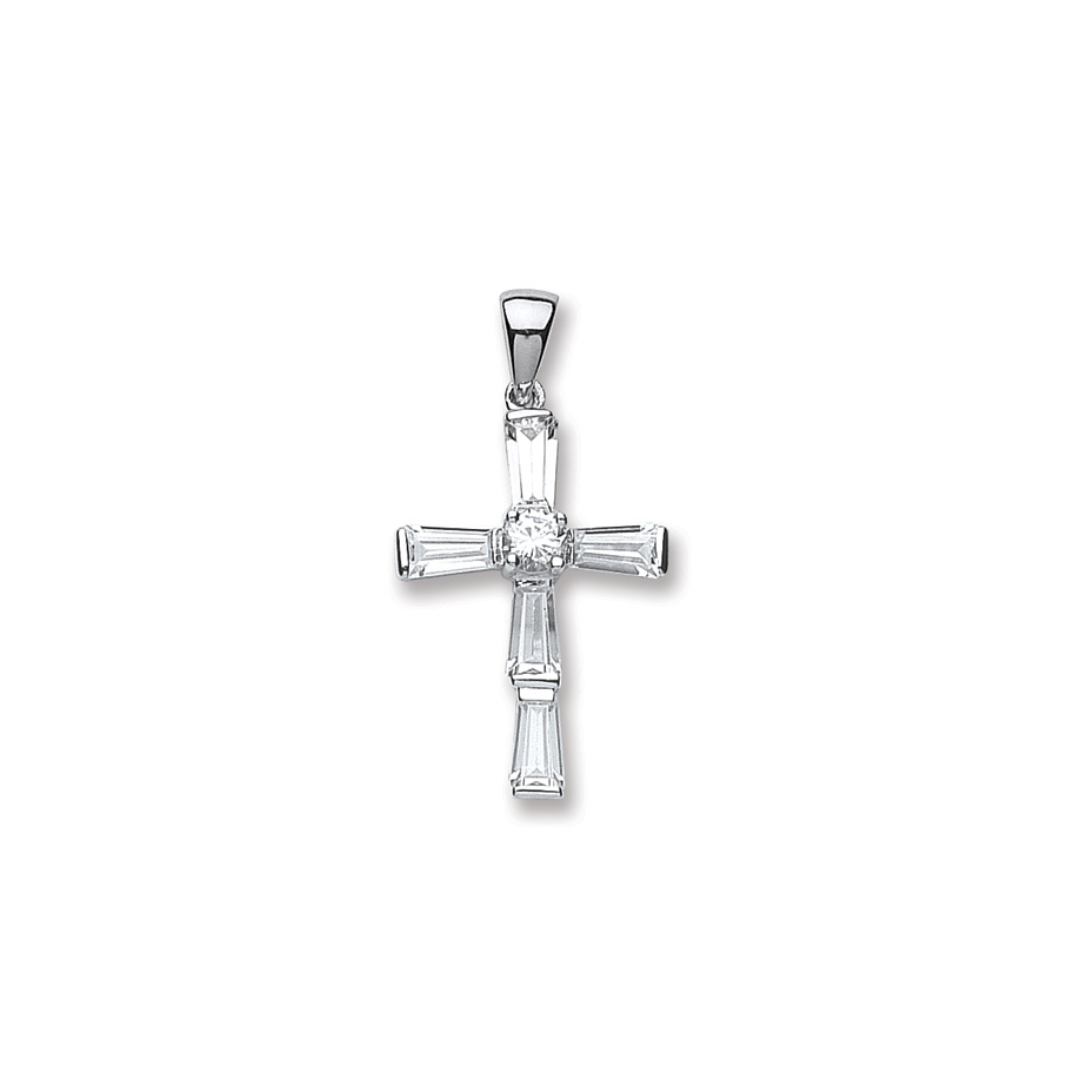 925 Sterling Silver Baguette Cz Cross Pendant with Chain