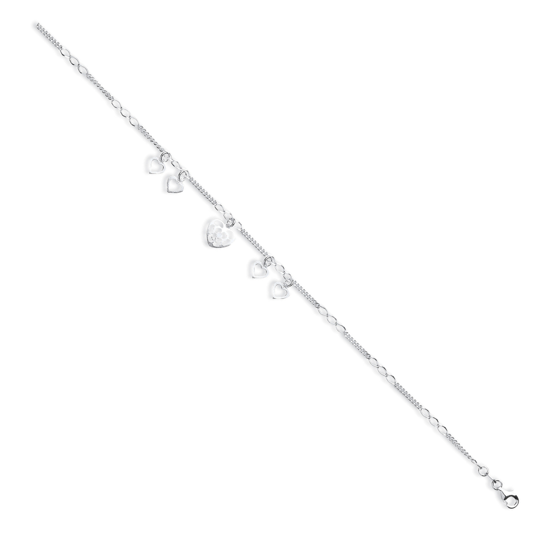 925 Sterling Silver Fancy Heart Drop Anklet 10"