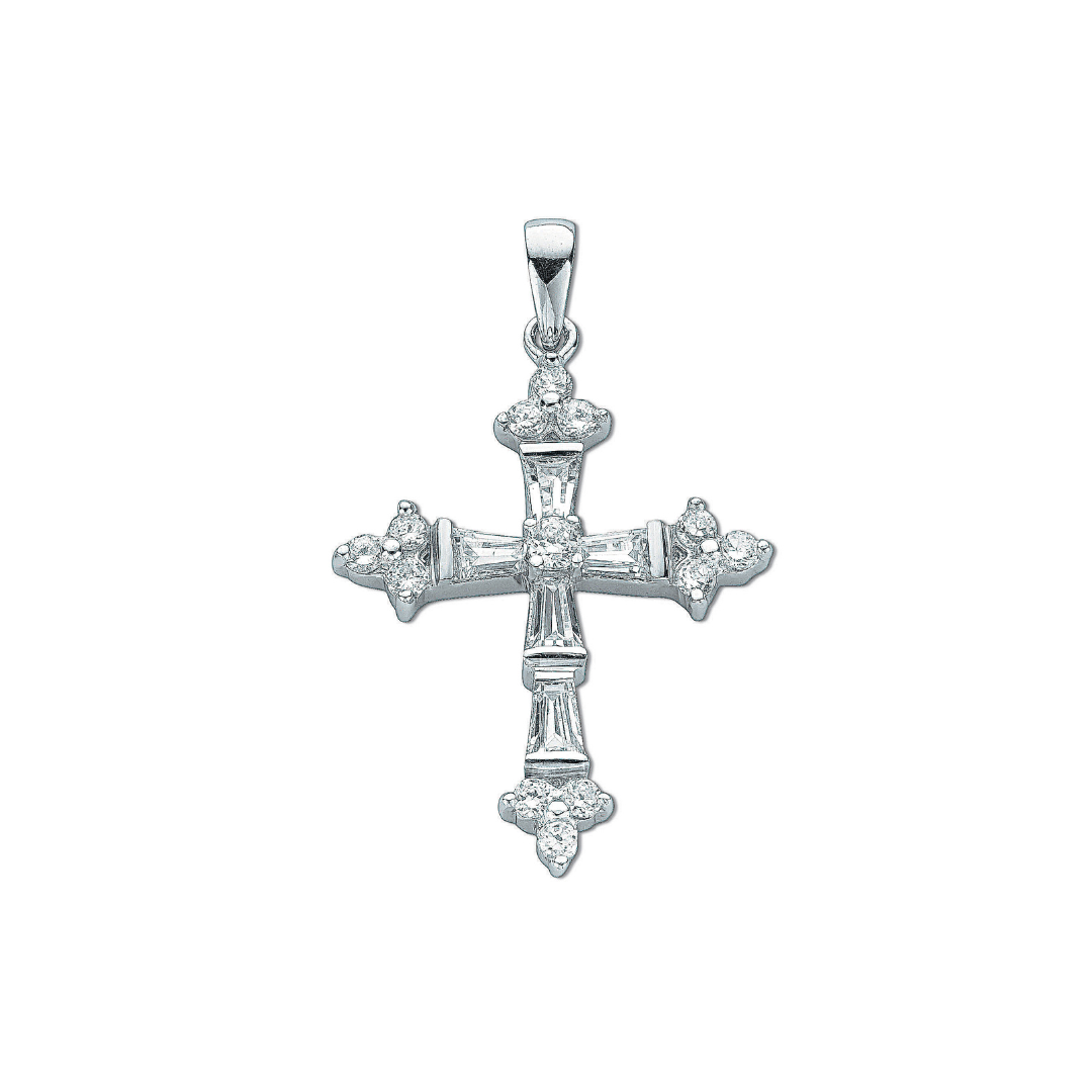 925 Sterling Silver Fancy Baguette Cut Cz Cross Pendant with Chain