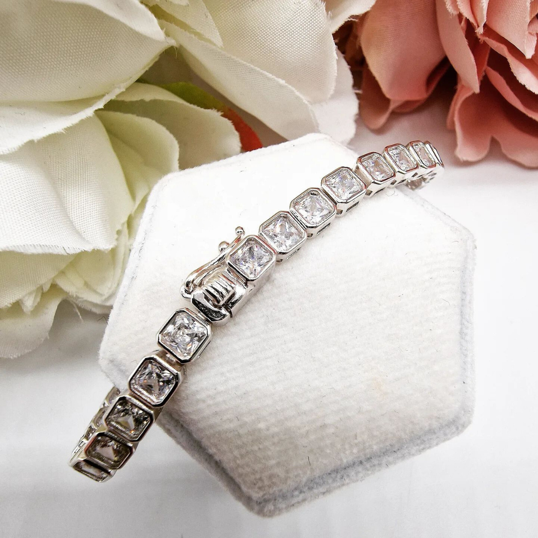 925 Sterling Silver Princess Cut Rubover Set Ladies Bracelet