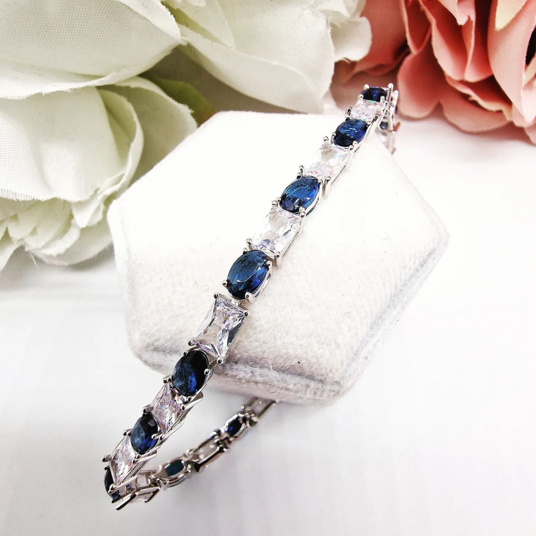 925 Sterling Silver Blue Oval & White Emerald Cut Cz Ladies Bracelet