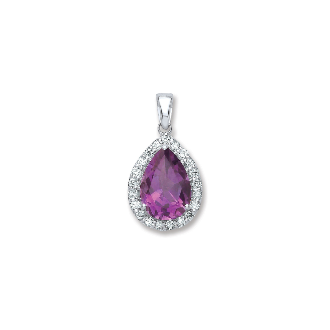 9ct White Gold 0.20ct Diamond 1.75ct Amethyst Pear Shape Pendant