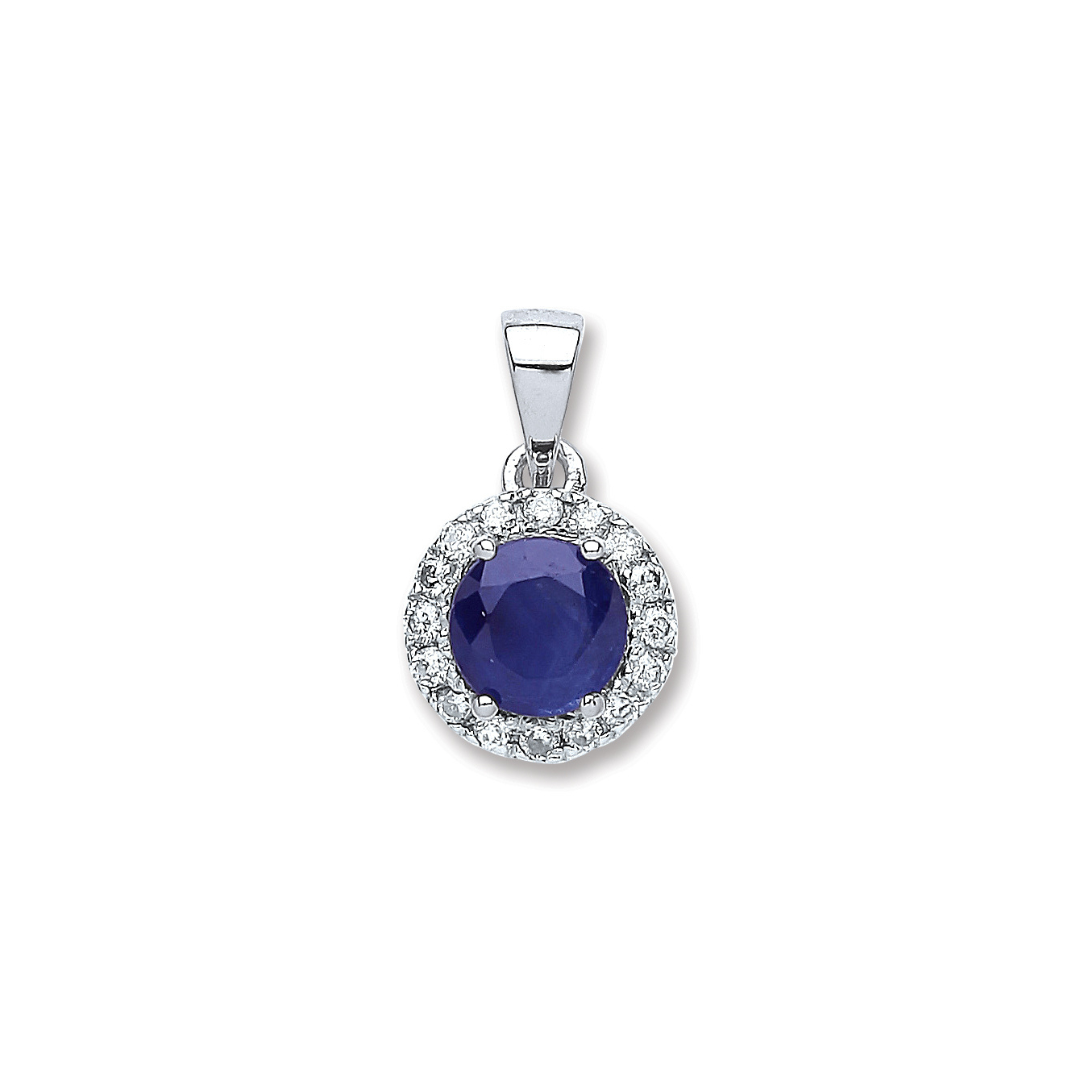 9ct White Gold 0.15ct Diamond, 0.6ct 5mm Round Sapphire Pendant